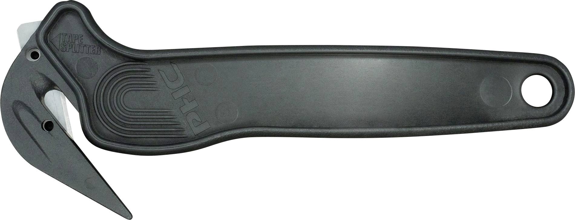 Schwarzes Kunststoff-Klappdienstprogrammmesser mit langem Griff und freiliegender abgewinkelter Klinge auf der linken Seite.