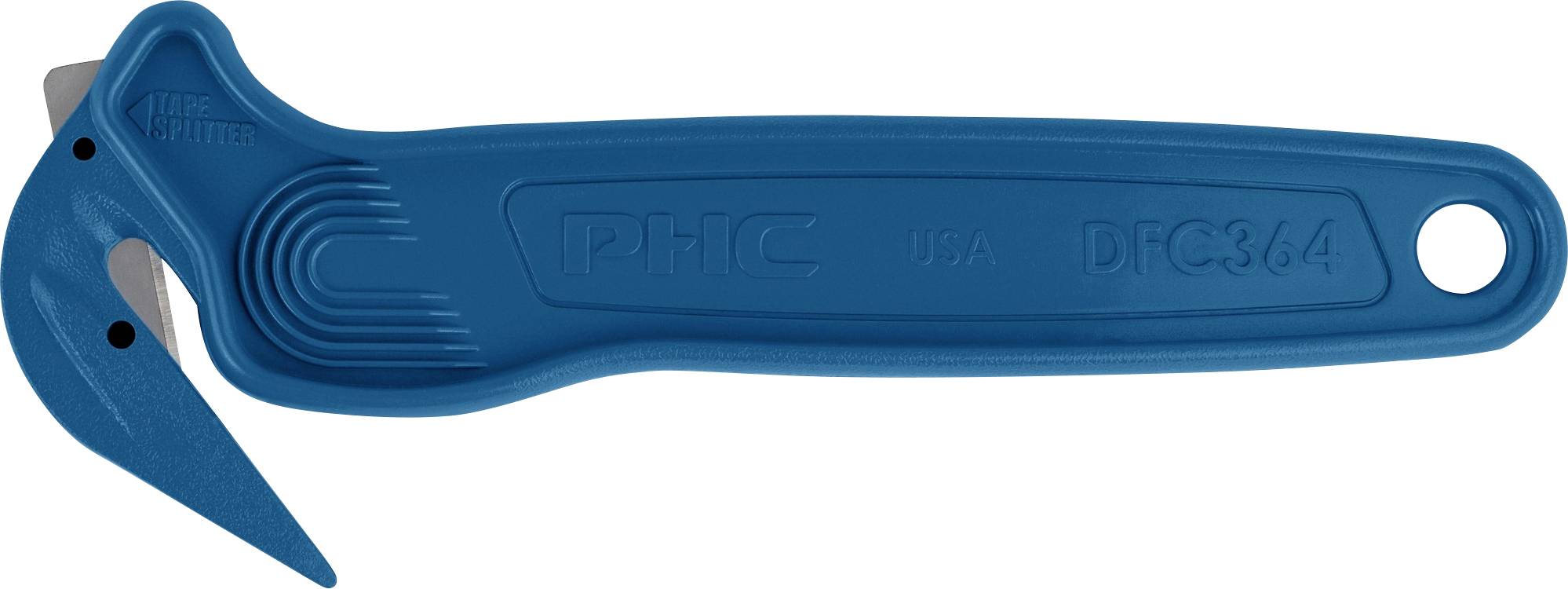 Blaues Klappmesser mit Hakenscharfe und Daumengalgen, geschlossen gegen einen weißen Hintergrund dargestellt.