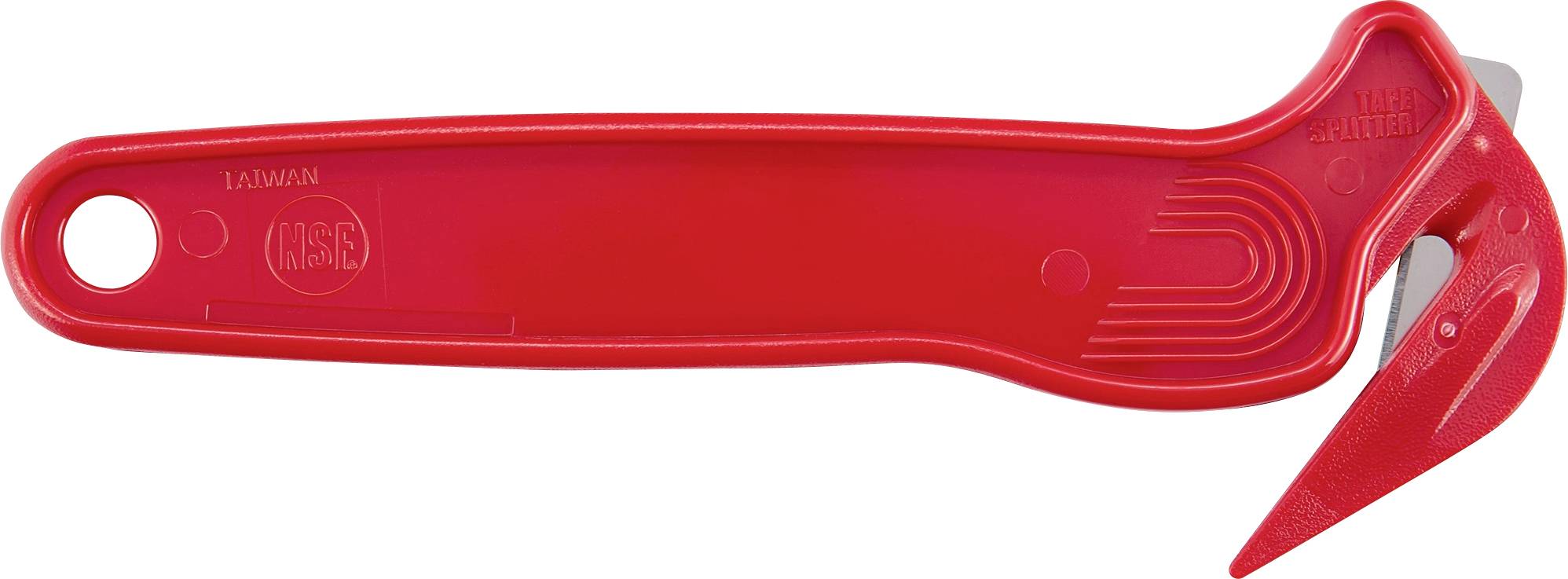 Roter Kunststoff-Sicherheitsgurt-Schneider mit Fingerloch und gebogener Klinge zum Notfallschneiden.