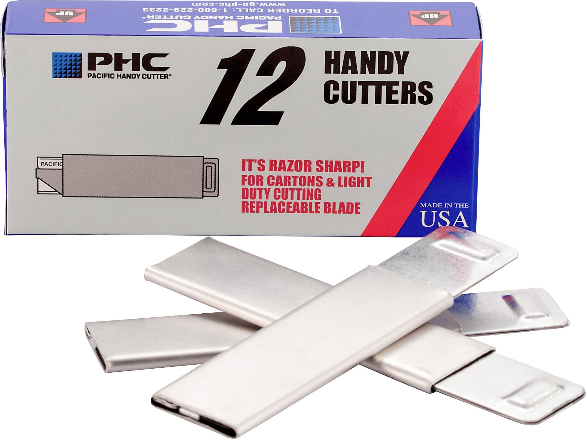 Karton mit PHC Pacific Handy Cutter 12er-Pack mit vier silbernen Universalmessern im Vordergrund; die Verpackung zeigt „It's razor sharp! For cartons & light duty cutting, replaceable blade
