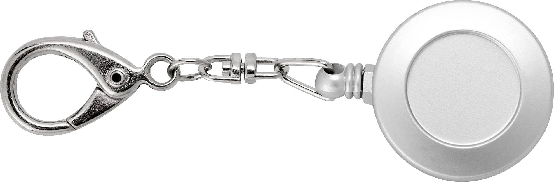 Silberne ausziehbare Abzeichenrolle mit Metallclip und durchsichtigem Kabel, auf weißem Hintergrund dargestellt.