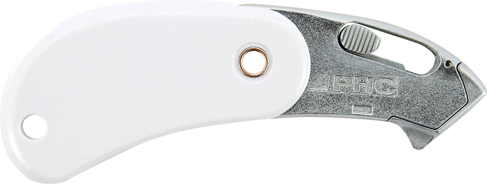 Zusammengeklapptes weiß-silbernes Taschenmesser mit abgerundetetem Griff und Schlüssellochöffnung, in Seitenansicht auf weißem Hintergrund gezeigt.
