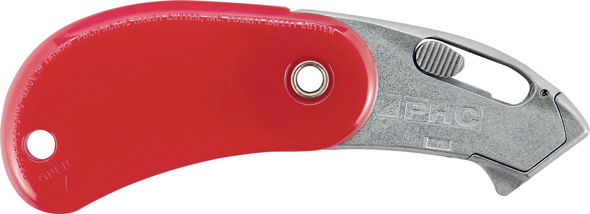 Rot gestieltes Klappmesser mit silberner Metallklinge und Daumenschieber, geschlossen vor weißem Hintergrund gezeigt.