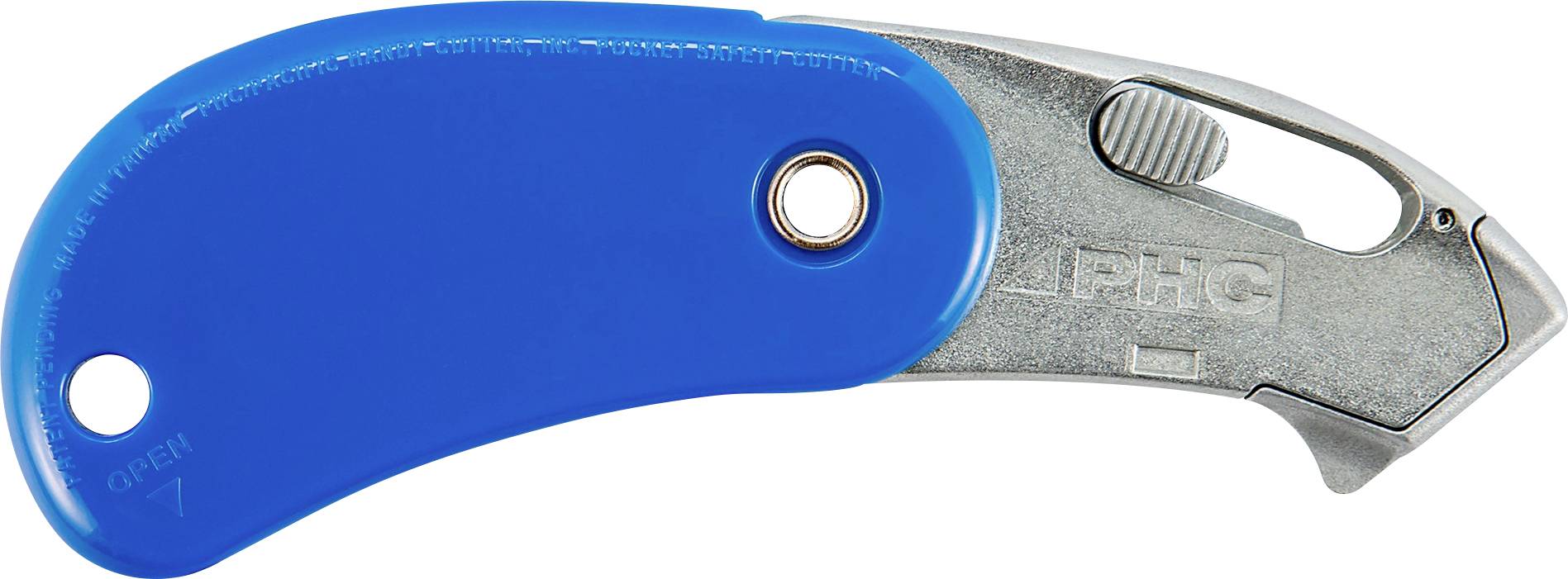 Blaugriffiges Klappsicherheitsmesser mit Metallbatterie, geschlossen auf weißem Hintergrund gezeigt.