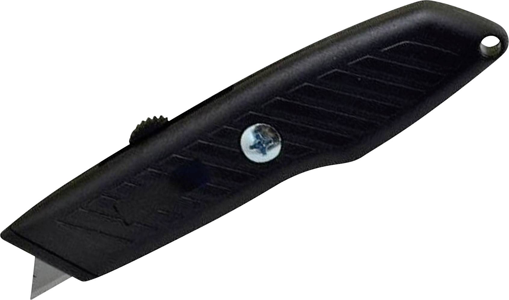 Schwarzes einziehbares Universalmesser mit teilweise freiliegendem silbernem Blatt und einem Aufhängeloch am Ende