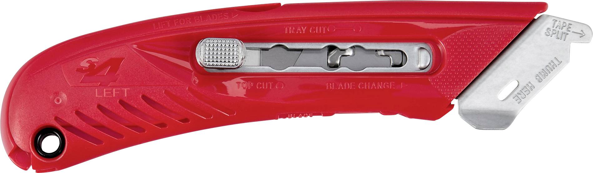 Rotes Universalmesser mit ausgefahrener silberner Klinge, mit Schnitttiefe- und Klingenwechselreglern.