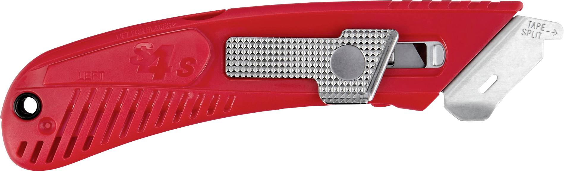 Rotes einziehbares Universalmesser mit ausgefahrener silberner Klinge und grauem Schieberegler auf weißem Hintergrund.