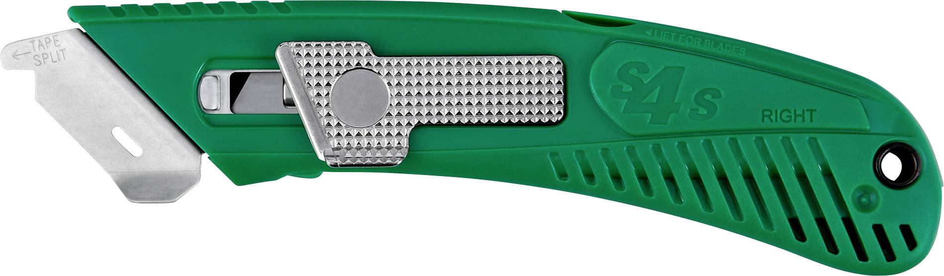 Grünes Universalmesser mit verlängerter silberner Klinge, strukturiertem Metallschieber und Markierungen für Rechtshänder-Griff.