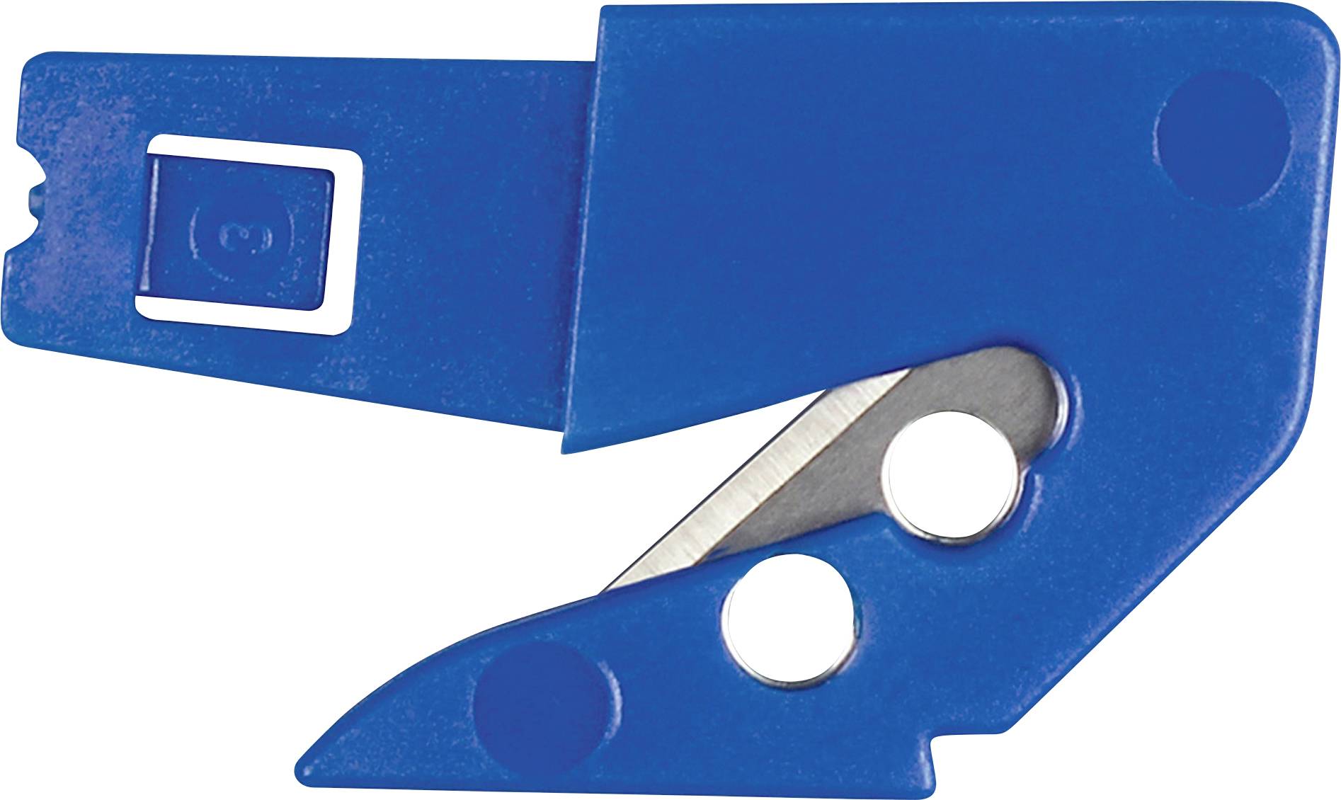 Blaues Kunststoff-Universalmesser mit einziehbarer Metallklinge, geschlossen vor weißem Hintergrund abgebildet.