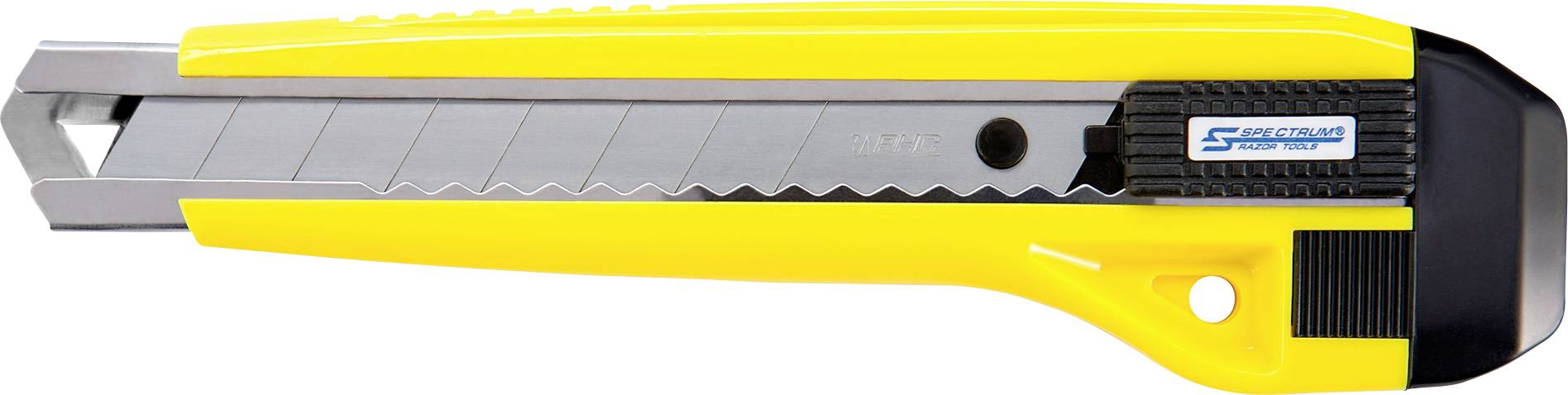 Gelber Universalcutter mit einziehbarer silberner Klinge und schwarzer Endkappe auf weißem Hintergrund.