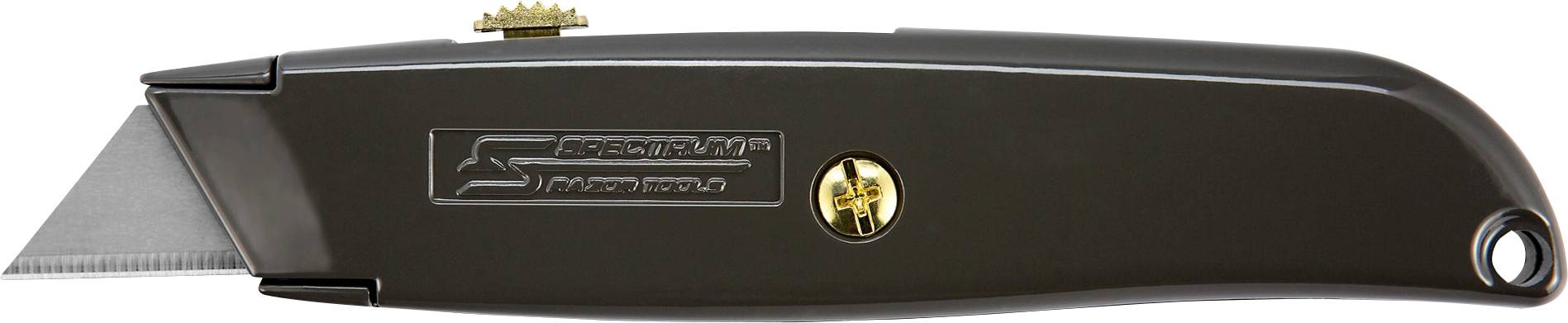 Schwarzes Klappmesser mit ausgefahrener silberner Klinge, goldenem Emblem und Lanyard-Loch am Griff.