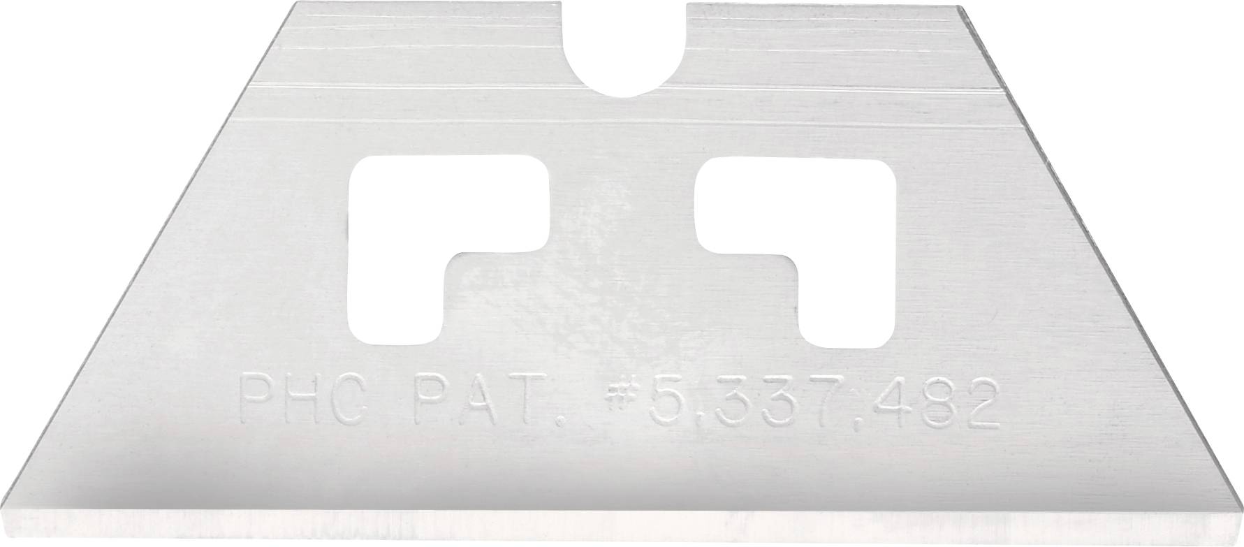 Metallischer trapezförmiger Schaber oder Klinge mit zentraler Kerbe und zwei quadratischen Ausschnitten, geprägt mit „PHC PAT. #5,537,482