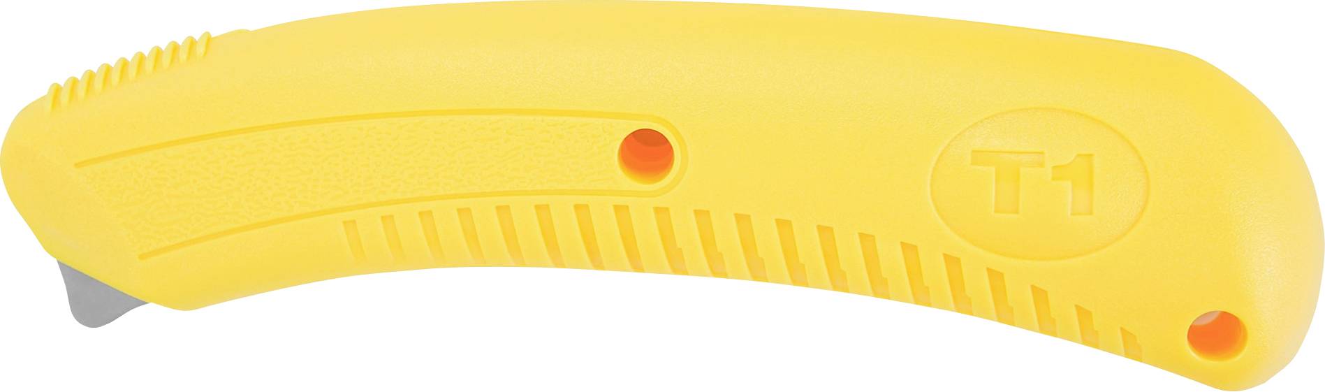 Gelber Kunststoff-Universalmesser mit gebogenem Griff, orangefarbenen Akzentknöpfen und T1-Logo.