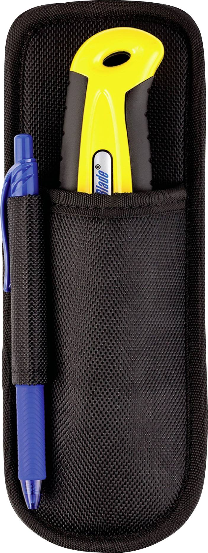 Schwarze Mesh-Tasche mit einem gelben Universalmesser und einem blauen Stift/Bleistift, Vorderansicht.