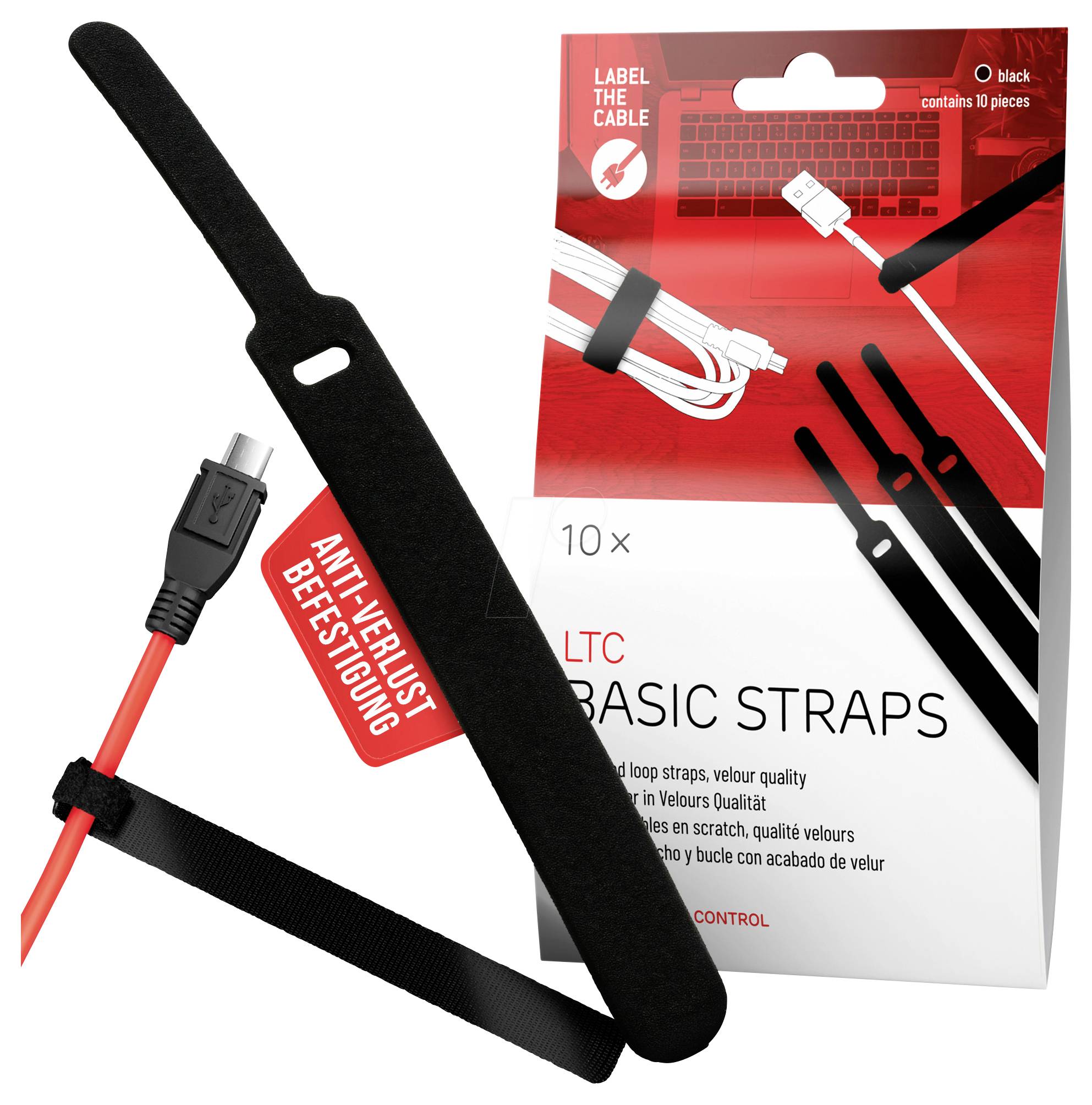 Paket schwarzer Kabelstraps mit der Bezeichnung „BASIC STRAPS