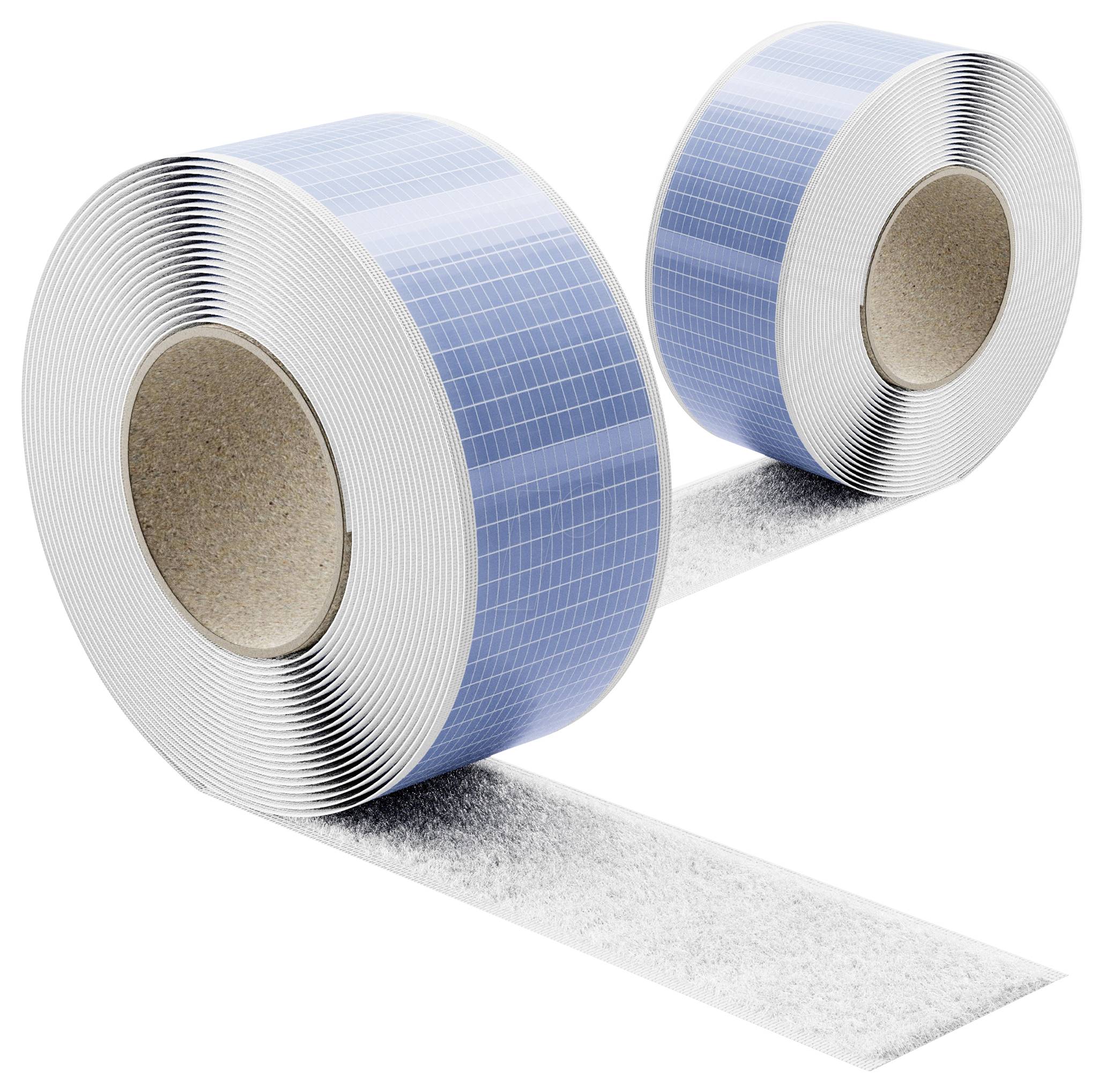 Zwei große Rollen blau unterlegtes Klettband-Kabelbindeband mit einem schwarzen Riemenstreifen, plus ein rotes Etikett mit der Aufschrift „JETZT NEU!