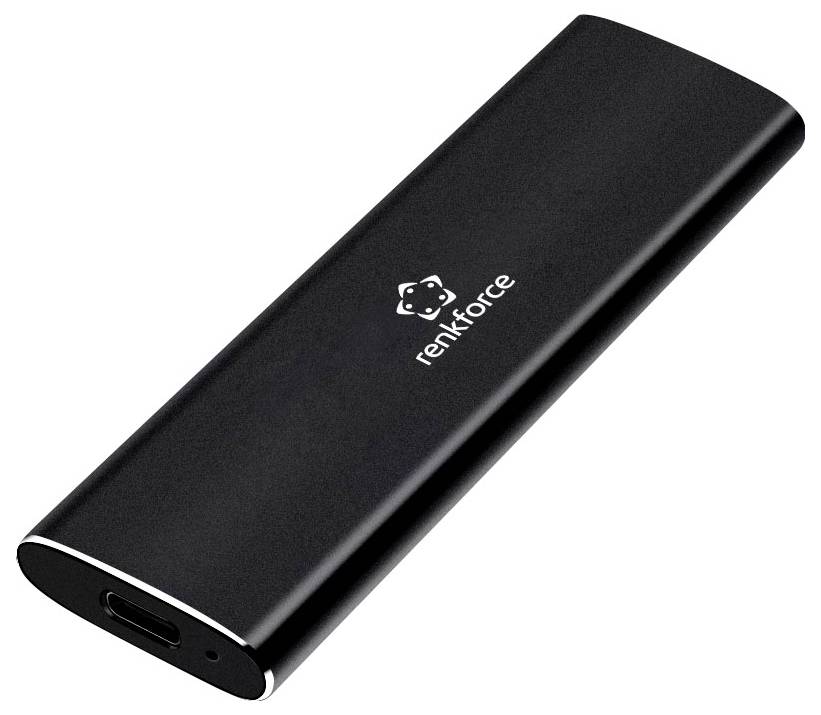 Schwarzes Renkforce tragbares externes Laufwerk-Gehäuse mit USB-C-Anschluss auf weißem Hintergrund.