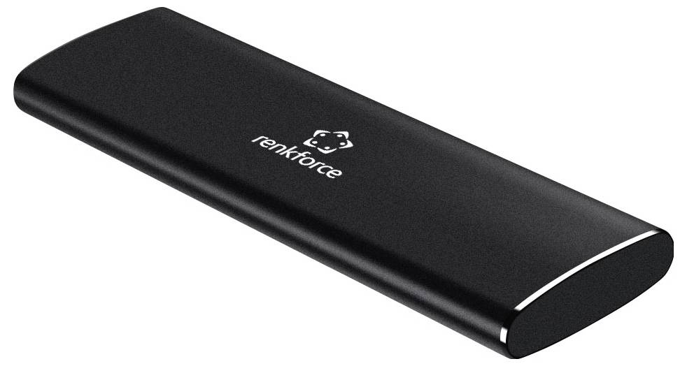 Schwarzes tragbares Renkforce-Gerät oder Power Bank in einem eleganten rechteckigen Gehäuse mit Logo oben, freigestellt auf weißem Hintergrund.