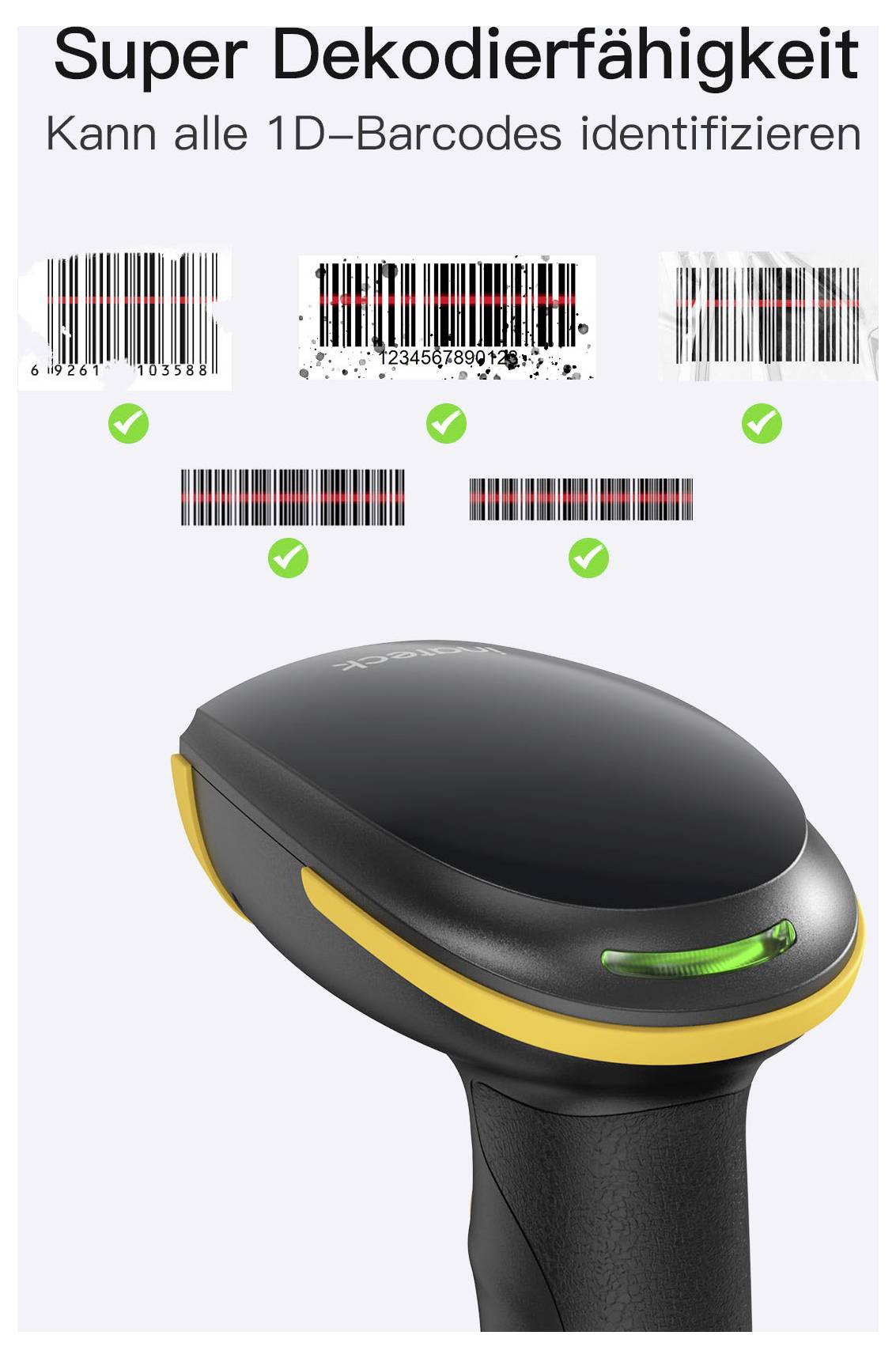 inateck 1D Wireless Barcode-Scanner Bluetooth® 1D Imager Black, Yellow Hand-Scanner USB