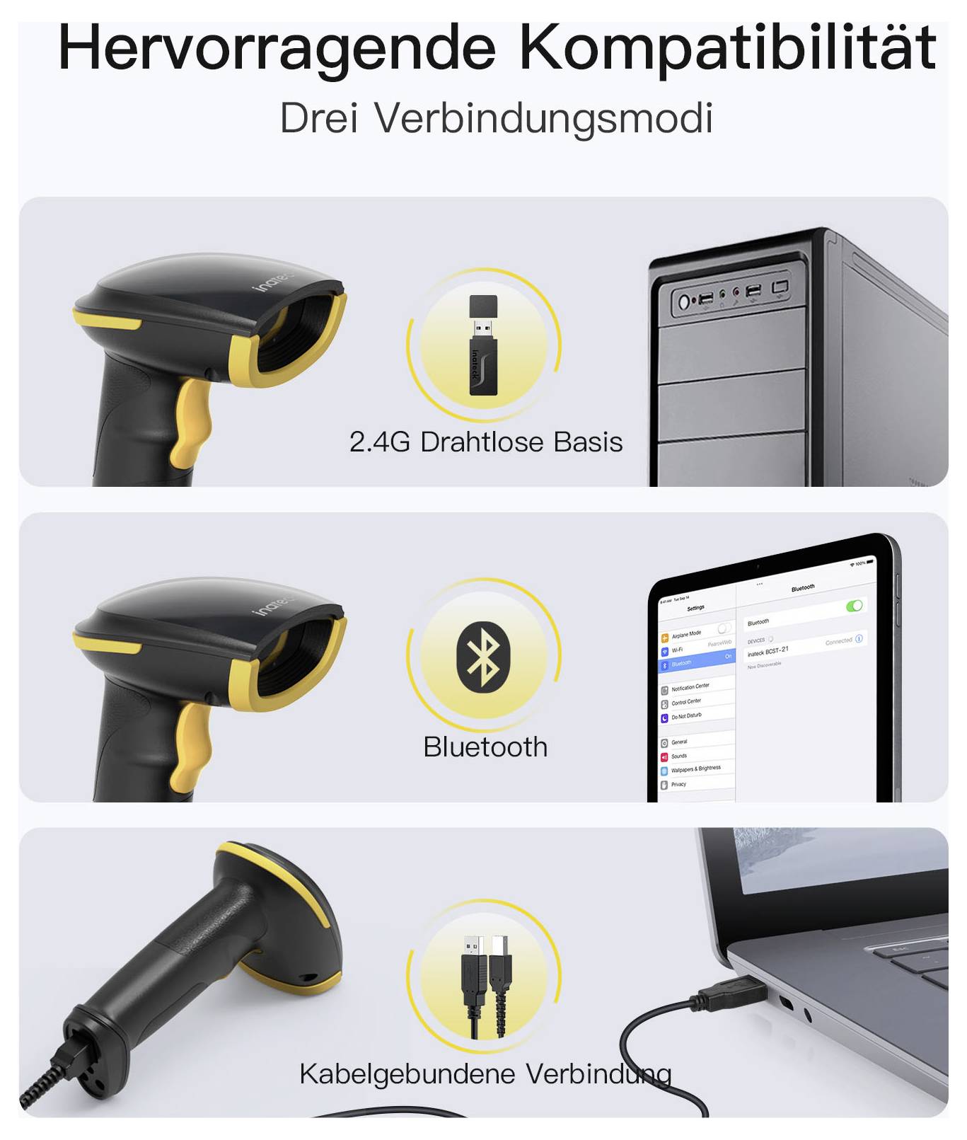 inateck 1D Wireless Barcode-Scanner Bluetooth® 1D Imager Black, Yellow Hand-Scanner USB