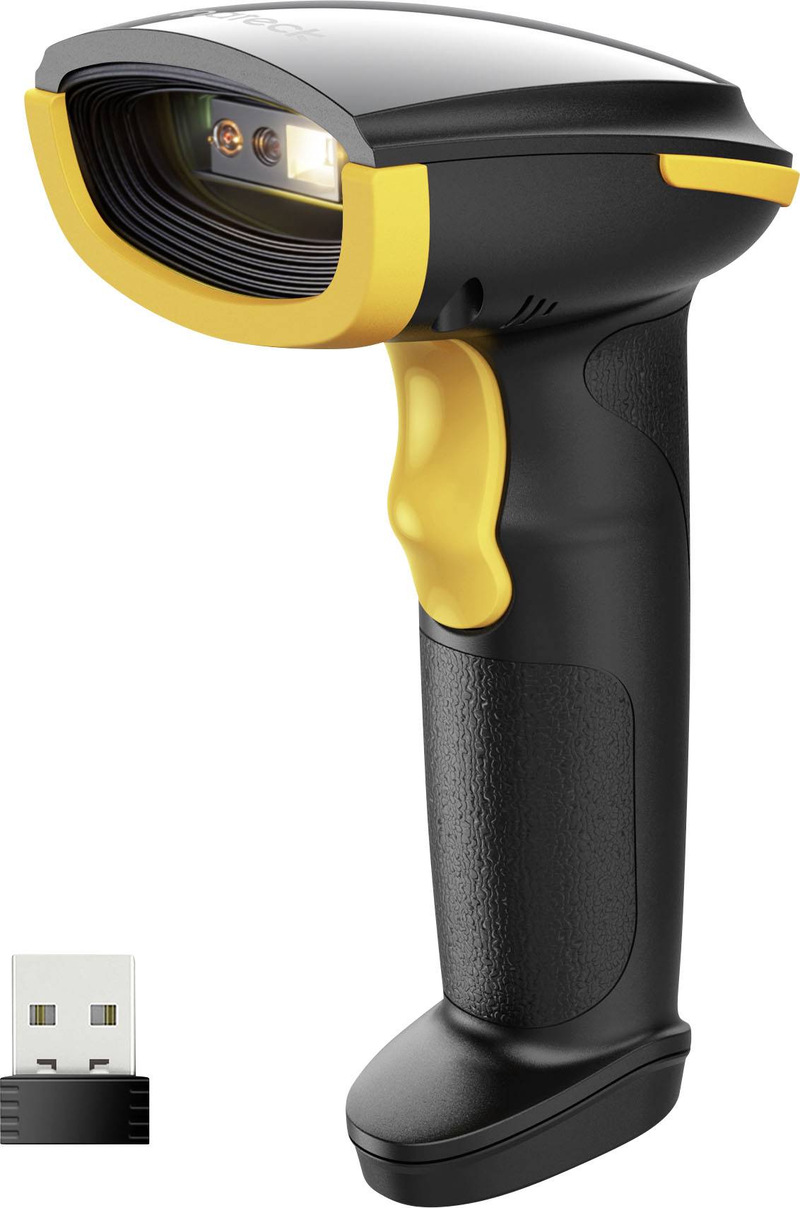 Tragbarer kabelloses Barcode-Scanner mit USB-Empfängerdongle daneben abgebildet.