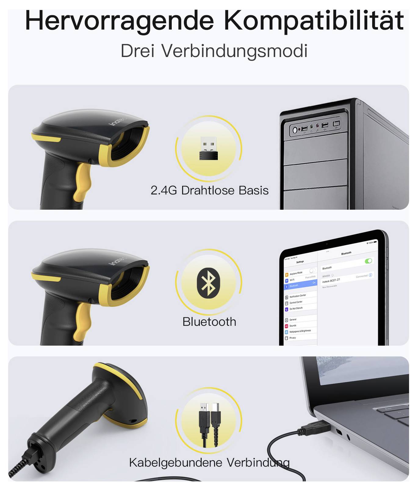 Deutsche Kompatibilitätsgrafik zeigt einen tragbaren Barcode-Scanner mit drei Verbindungsmodi: 2,4-G-Wireless-Basis, Bluetooth und kabelgebundene USB-Verbindung zu einem Computer oder Laptop.