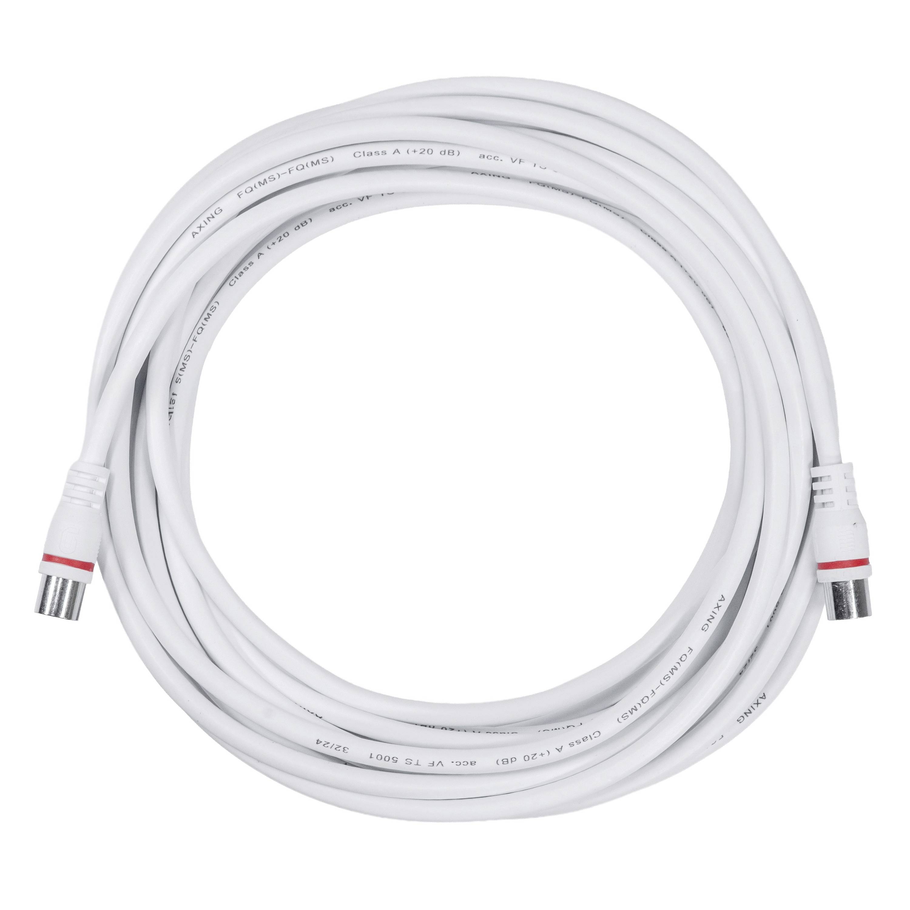 Coiled white cable with metal connectors on both ends, isolated on a white background.