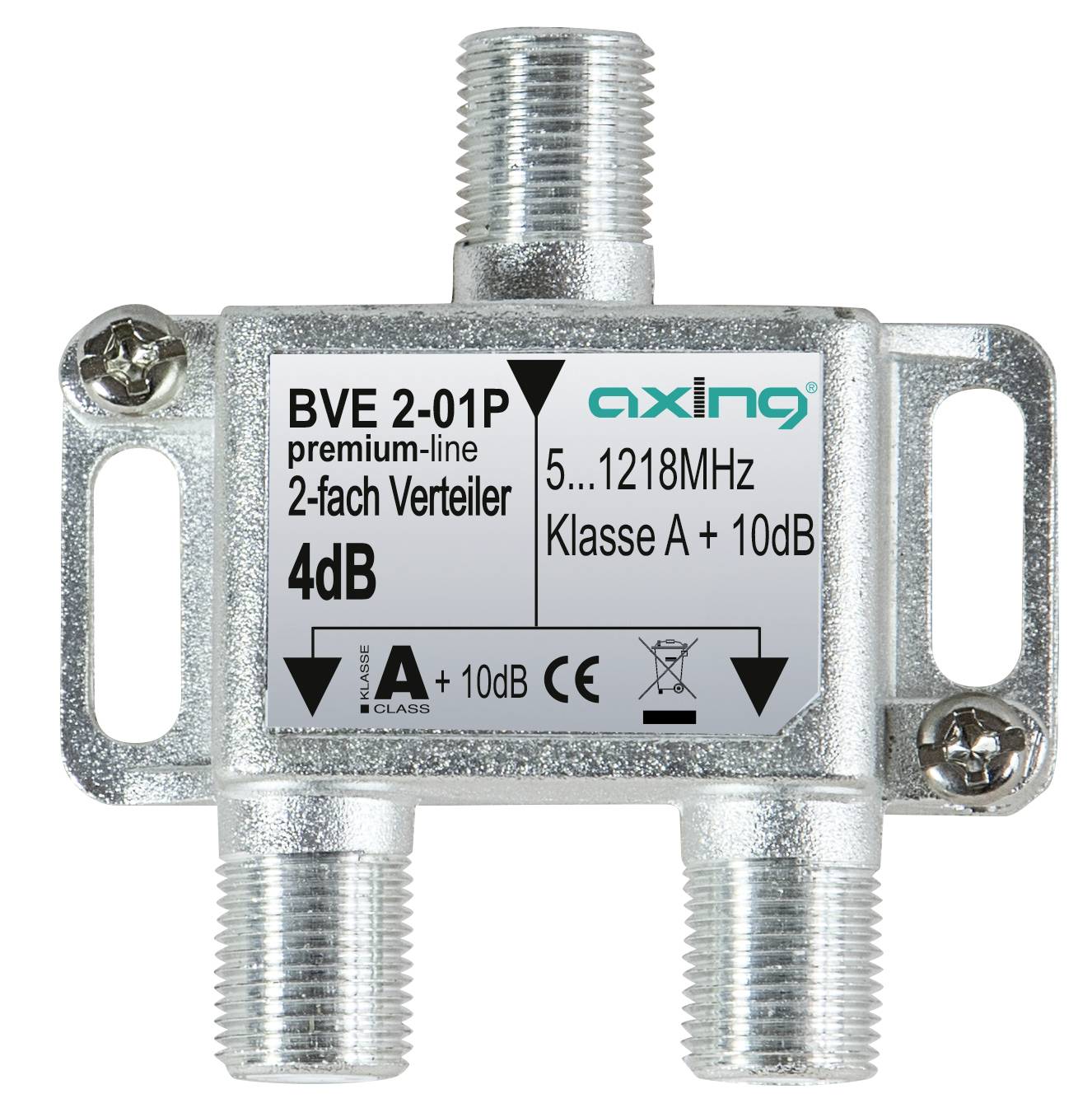 Metallischer koaxialer 2-Wege-Splitter mit drei Gewinde-Steckern und Montagelaschen, gekennzeichnet mit „BVF 2-01P