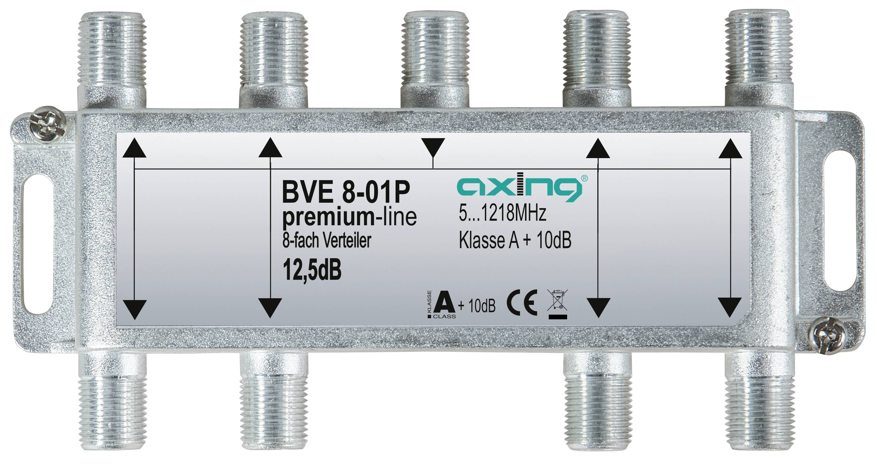 Metallischer koaxialer Signalteiler/Verstärker mit der Bezeichnung 'BVE 8-01P premium-line', mit 8 Ausgängen und 12,5 dB Verstärkung, Vorderansicht mit F-Typ-Steckverbindern.