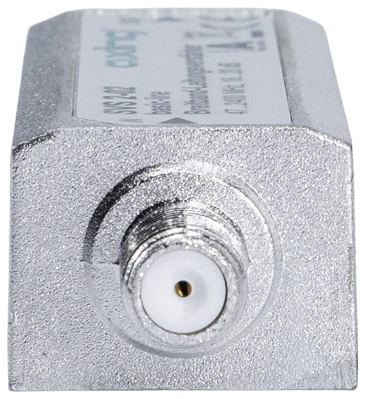 Nahaufnahme eines metallischen koaxialen HF-Steckeranschlusses auf einem kleinen elektronischen Modul mit einem Produktetikett oben.