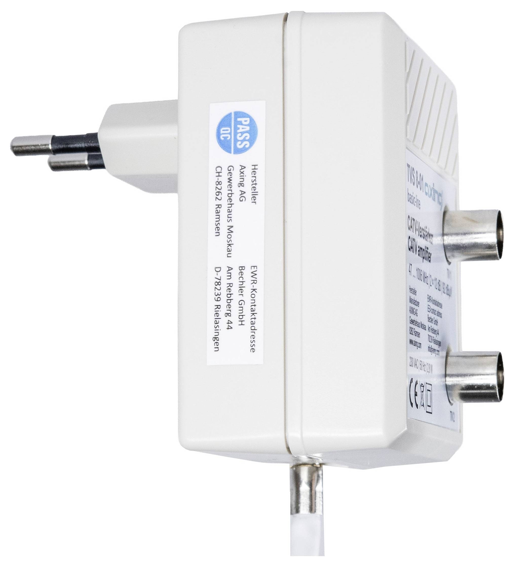 Weißer Elektrikadapter mit europäischem Stecker und drei koaxialen Kabelanschlüssen, gekennzeichnet für Henselster/TV-Satellitengebrauch.
