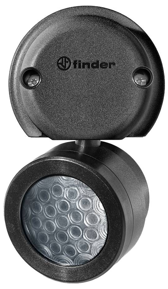 Schwarze Finder-Leuchte mit zylindrischem Design, strukturiertem Linsenglas und Montagekappе, dargestellt auf weißem Hintergrund.