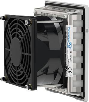 Kleines Computer-Kühlmodul mit Lüfter und Kühlkörper mit schwarzem Lüfter, der auf einer silbernen Metallkonstruktion montiert ist.