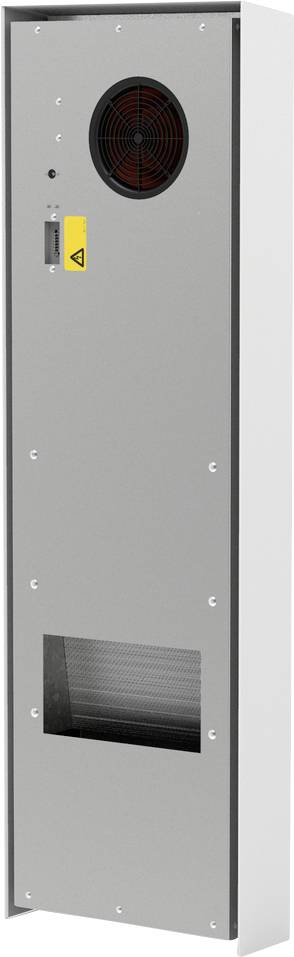 Hoher grauer Metallschrank mit einem runden Lüftungsventilator in der Nähe der Oberseite, einem Warnschild und einem kleinen unteren Sichtfenster, wahrscheinlich ein Industriegerätegehäuse.