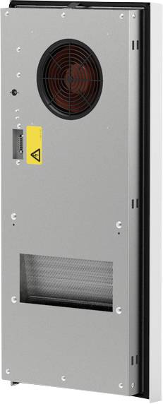 Metallisches Industriesteuerschrank mit vorderem Kühlventilator, Warnschild und unterer Belüftungsgitter, dargestellt in Seitenansicht.