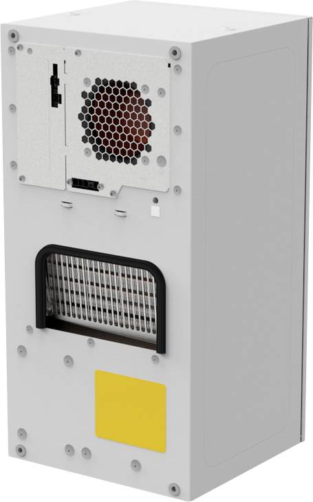 Weiße Computer-Turmgehäuse von vorne und von der Seite gezeigt, mit Belüftungsgittern, Anschlüssen und einem gelben quadratischen Panel auf der unteren Vorderseite.
