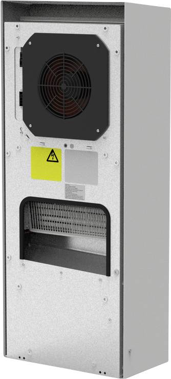 Metallischer Elektroschrank oder Kühleinheit mit vorderer Lüftergitter, Warnschild und unterer Lüftungsöffnung.