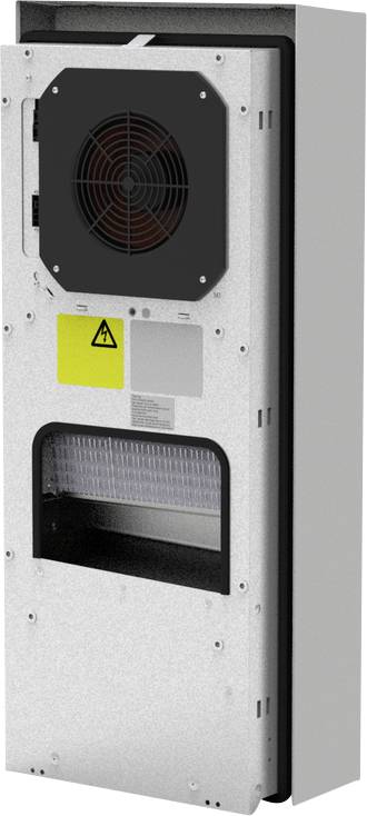 Ein wandmontiertes, industrielles Elektroschrank mit Kühlventilator, Warnschild und Inspektionsfenster auf einem grauen Metallgehäuse.