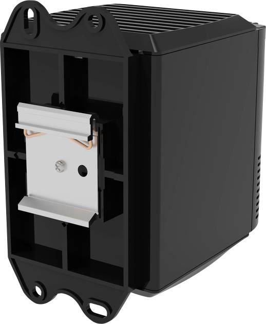 Schwarzes rechteckiges Elektrogehäuse mit vorne montierter Metallkliphalterung und seitlichen Belüftungsschlitzen, in 3D auf weißem Hintergrund dargestellt.