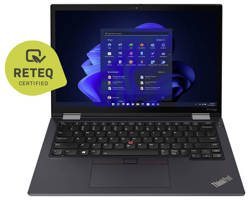 ThinkPad-Laptop geöffnet mit Windows 11 Startmenü auf dem Bildschirm, neben einem 