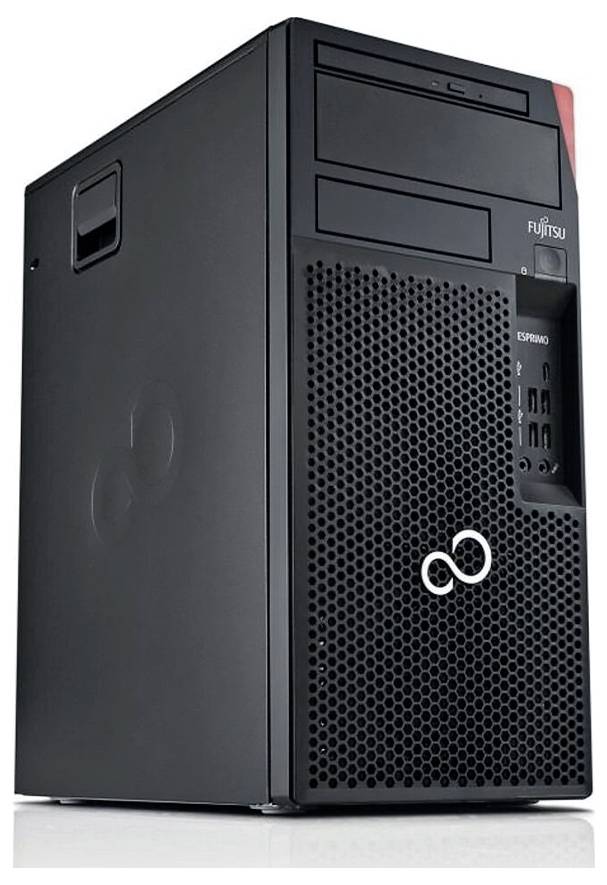 Schwarzer Fujitsu Esprimo Desktop-Tower-PC in Frontal- und Seitenansicht auf weißem Hintergrund.