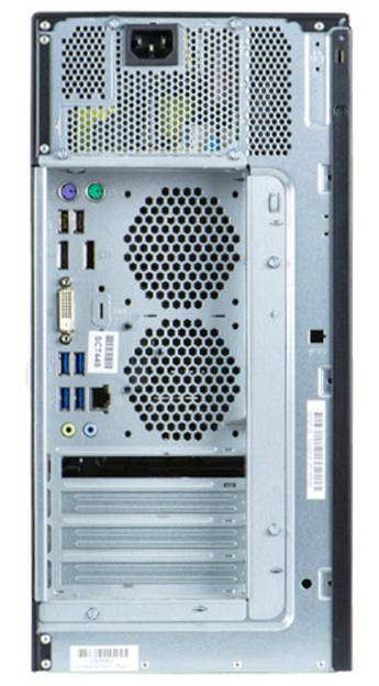 Rückansicht eines Desktop-Computer-Towers mit Lüftungsgittern, Anschlüssen, Erweiterungssteckplätzen und dem Stromversorgungsbereich.