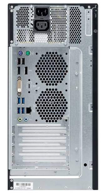 Rückansicht eines Desktop-Computer-Towers mit Stromversorgung, Motherboard-Anschlüssen, USB, Audio-Buchsen, Video-Ausgängen und Erweiterungssteckplätzen.