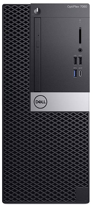 Vorderansicht eines Dell OptiPlex 7060 Desktop-Towers mit Metallgitter, Netzschalter, USB-Anschlüssen, Audiobuchse und Dell-Logo-Paneel.