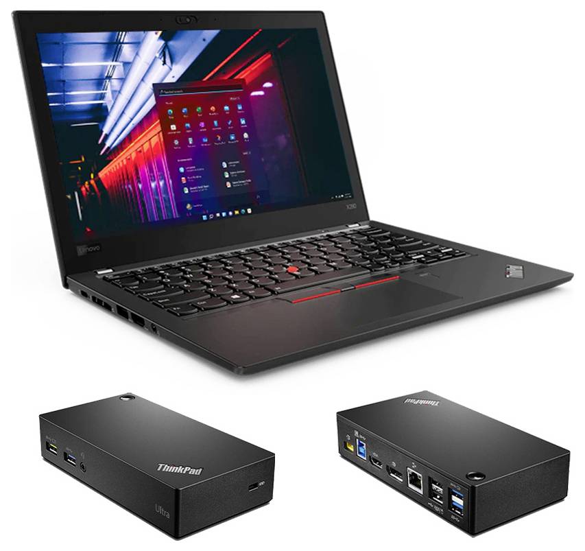 Lenovo ThinkPad Laptop mit einer Dockingstation und kompaktem schwarzen Lenovo ThinkPad USB-C Hub zum Anschluss von Peripheriegeräten und Monitoren.