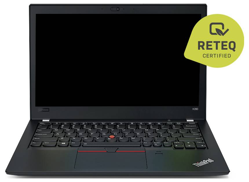 Schwarzes Lenovo ThinkPad Laptop mit geschlossenem Bildschirm, frontal dargestellt, mit der Bezeichnung „RETEQ CERTIFIED