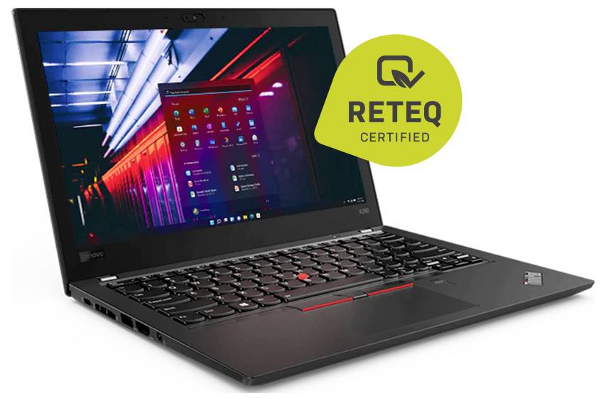 Schwarzer Lenovo ThinkPad-Laptop, der auf weißem Hintergrund offen gezeigt wird, mit einem leuchtend gelben Overlay-Badge 