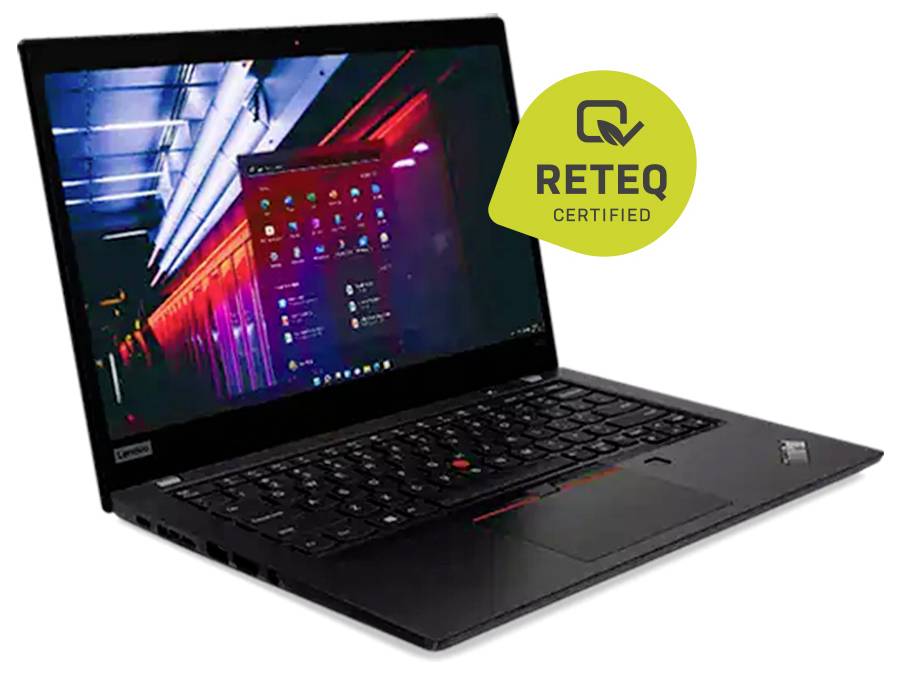 Schwarzer Lenovo ThinkPad-Laptop, der offen mit Windows-Desktop angezeigt wird, zusammen mit einem gelben Badge 