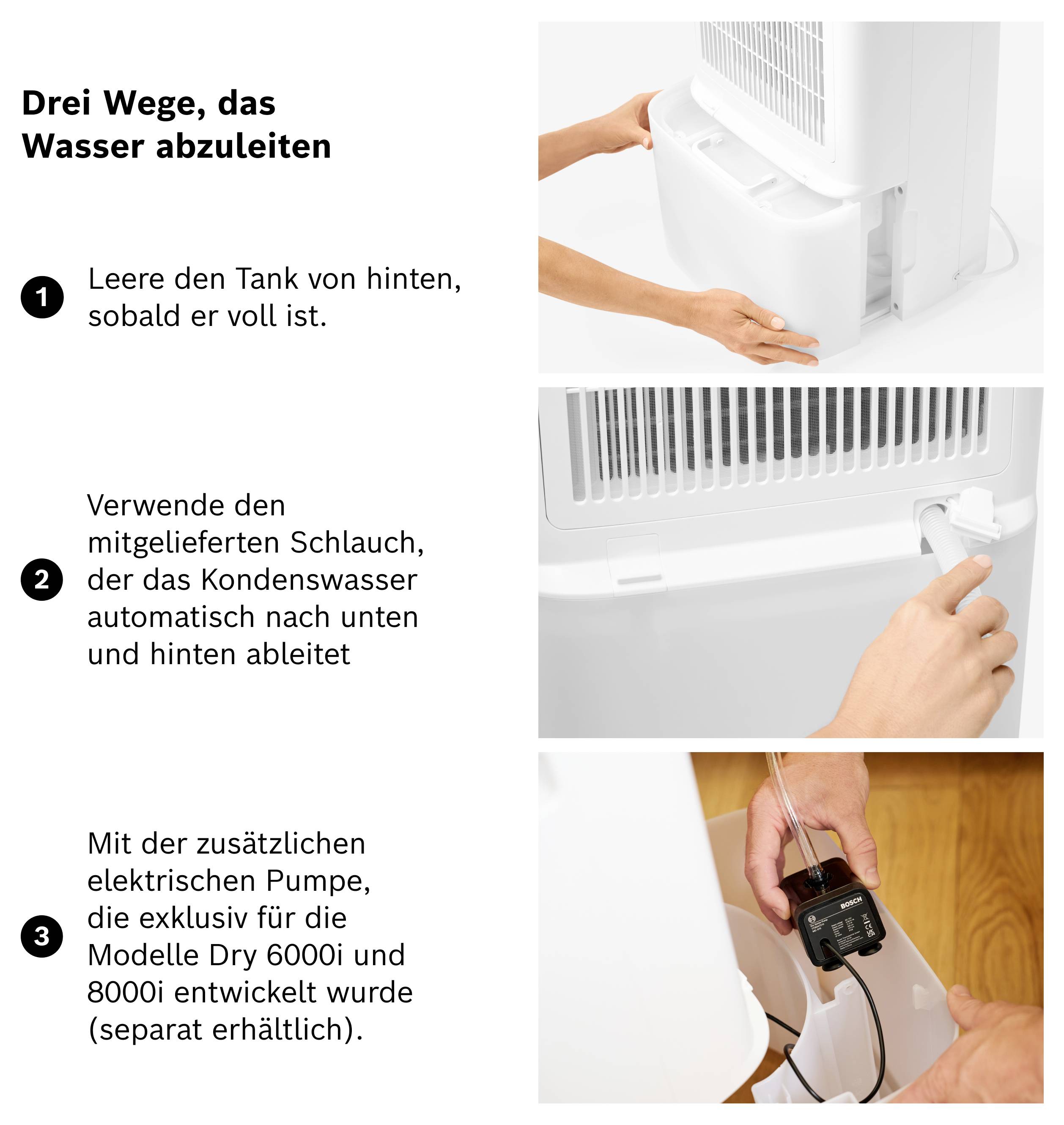 Infografik mit dem Titel 'Drei Wege, das Wasser abzuleiten': Tank hinten entleeren, Kondenswasserschlauch nutzen oder zusätzliche elektrische Pumpe anschließen.