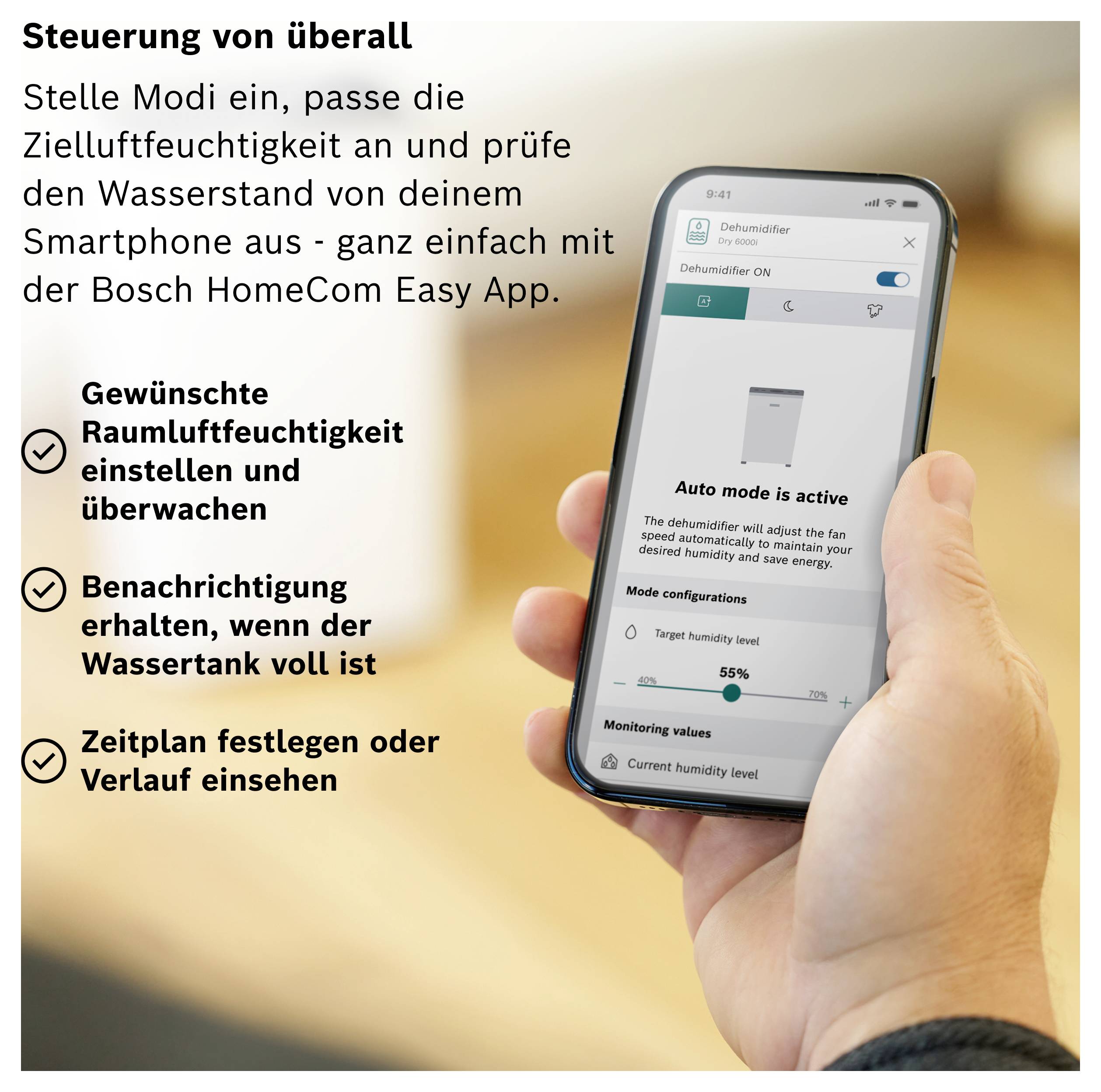 Werbung für Bosch HomeCom Easy: App-Steuerung eines Luftentfeuchters per Smartphone mit gewünschter Luftfeuchte, Benachrichtigung bei vollem Tank und Zeitplan/Verlauf.